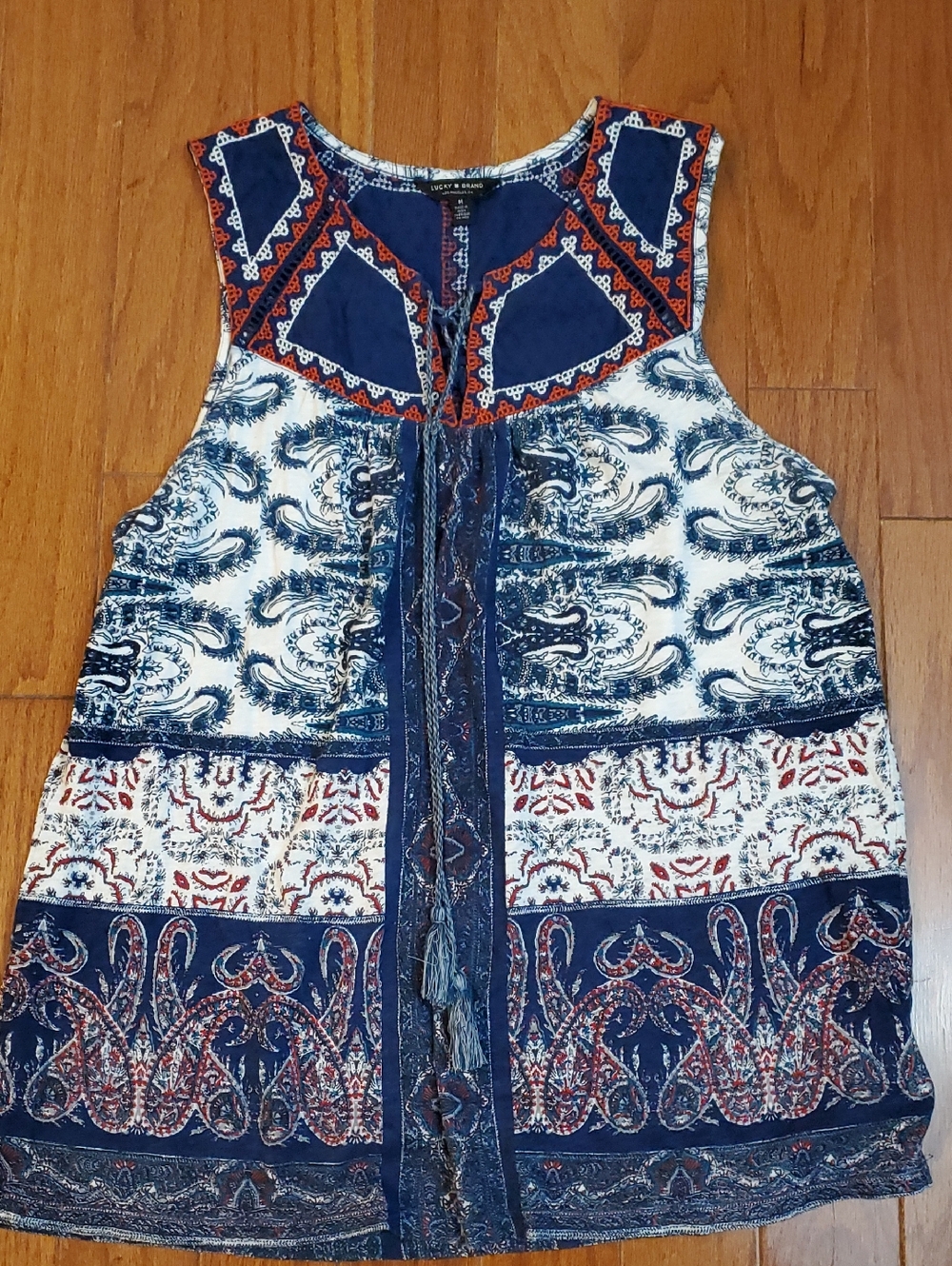 Lucky brand tank top Embroidered tassels red white and blue summer spring medium